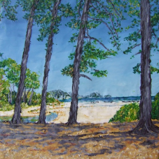painting of beach and trees