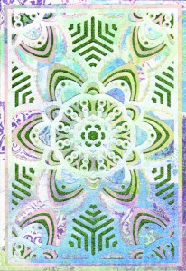 Intricate kaleidoscope pattern card design.